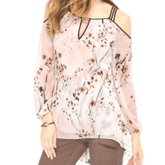 White House Black Market Floral Chiffon Cold Shoulder Hi-Low Blouse Top Size XS - Picture 2 of 10